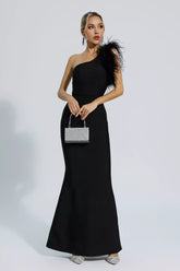 Tiana One-Shoulder Feather Bandage Maxi Dress — Black