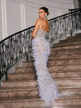Vieby Strapless Rhinestone Feather Maxi Dress, Cuavan