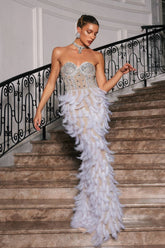 Vieby Strapless Maxi Dress with Rhinestone and Feather Accents
