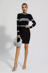 Hayley Diamond-Embellished Long-Sleeve Mini Dress — Black