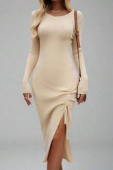 Drawstring Round Neck Long Sleeve Midi Dress, Cuavan