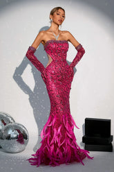 Felicity Feather Maxi Dress with Gloves — Pink