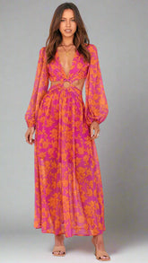 Floral Long Sleeve Midi Dress — Cutout Waist, Cuavan