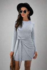 Tied Round Neck Long Sleeve Mini Dress