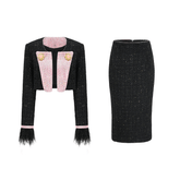 Léonie Feather-Cuff Two-Piece Set — Black & Pink