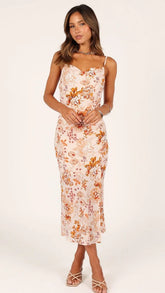 Floral Slip Midi Dress — Orange (Thin Strap), Cuavan