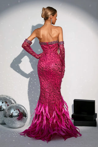 Felicity Feather Maxi Dress with Gloves — Pink