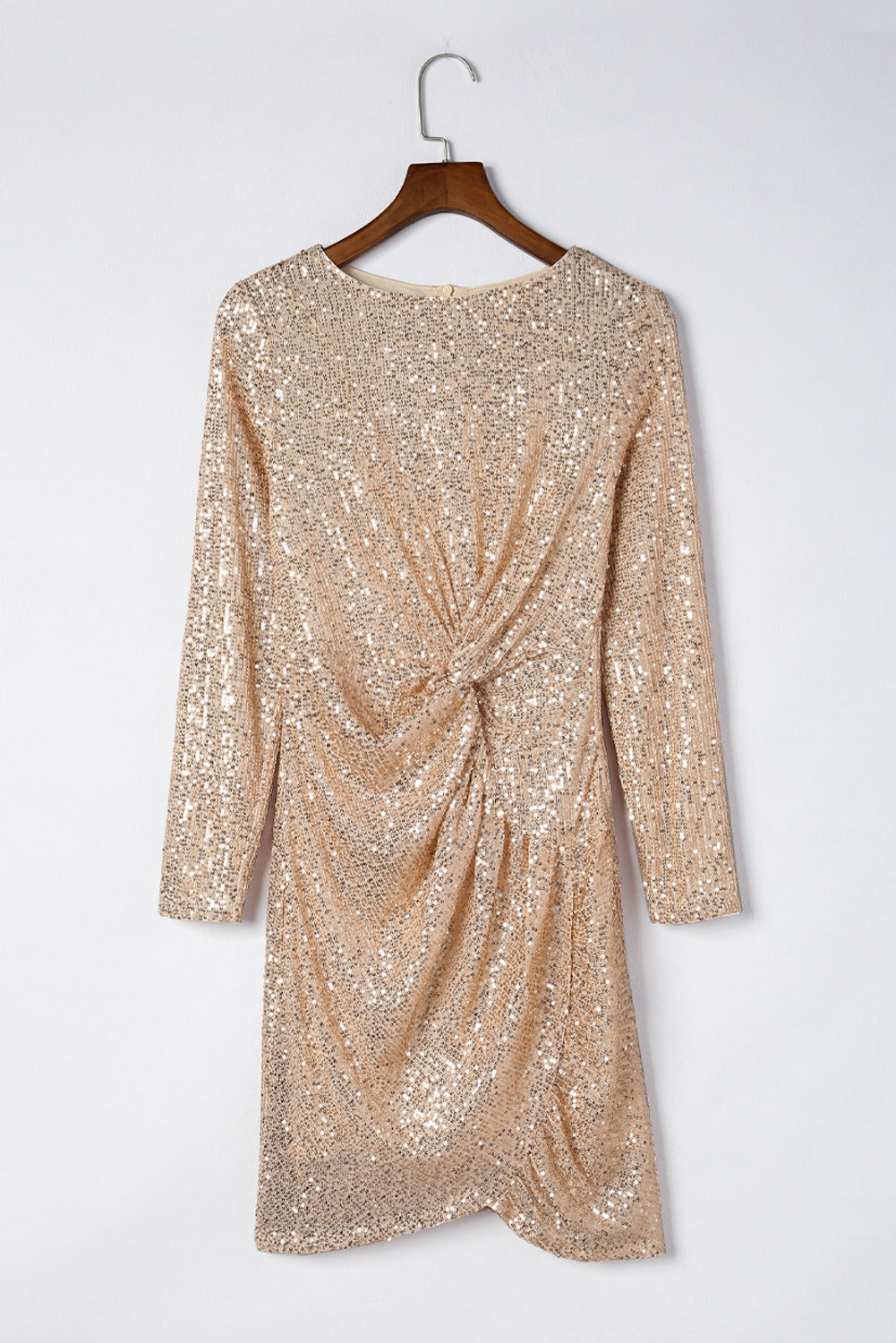 Sequin Knot Round Neck Long Sleeve Mini Dress, Cuavan