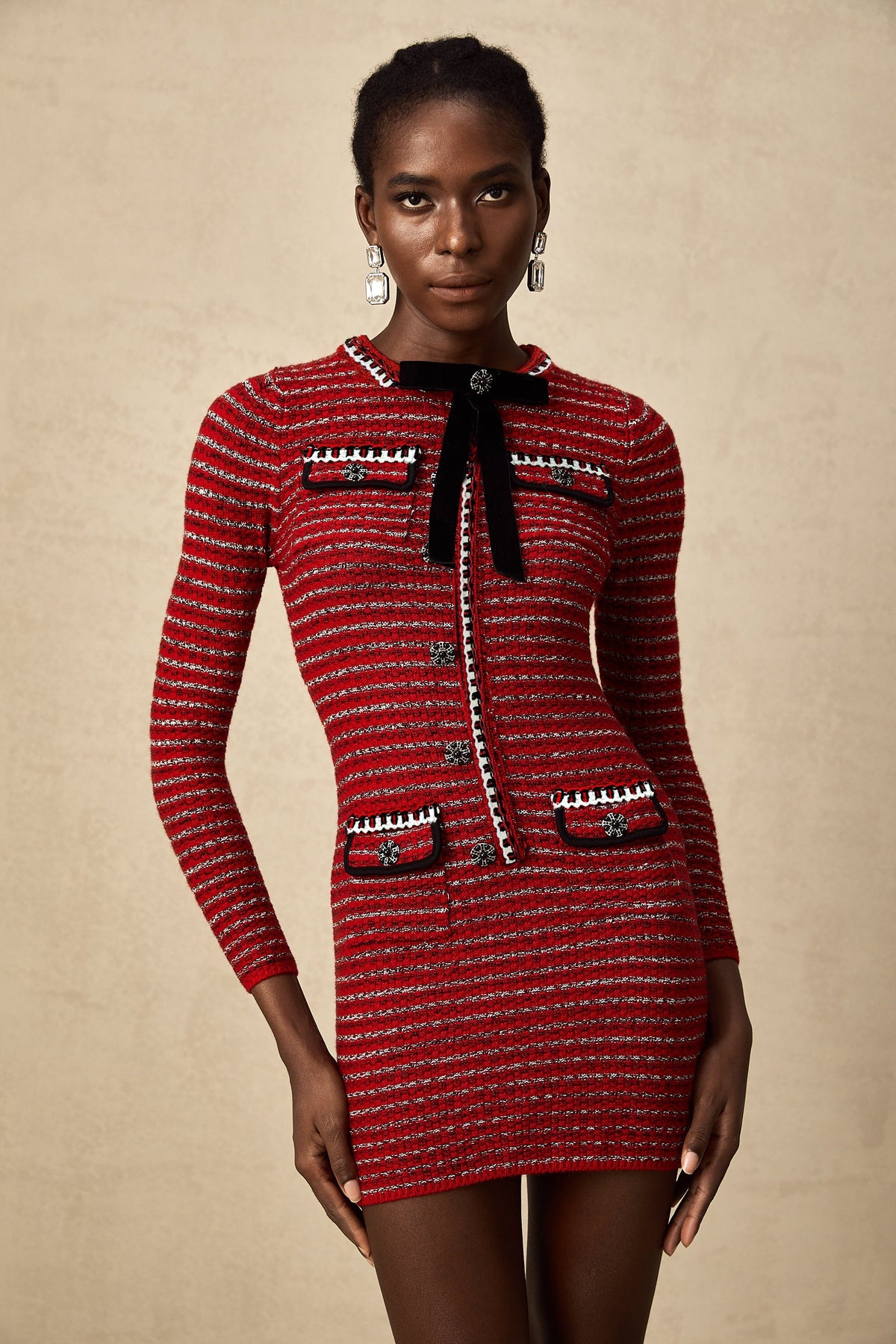 Faustine Bow-Detail Mini Dress — Red & Multicolor
