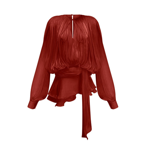 Eugénie Pleated Ruffle Mini Dress — Red
