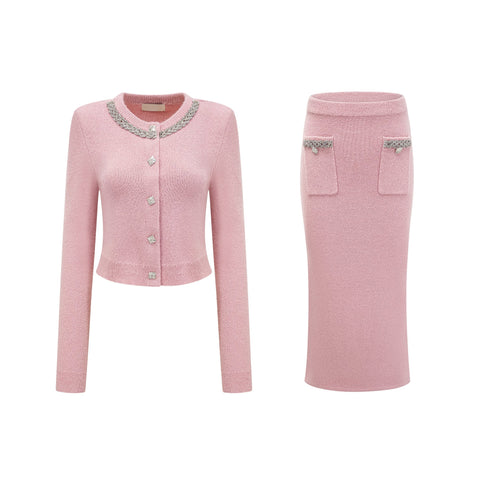 Renée Crystal-Embellished Jacket and Skirt Set — Pink