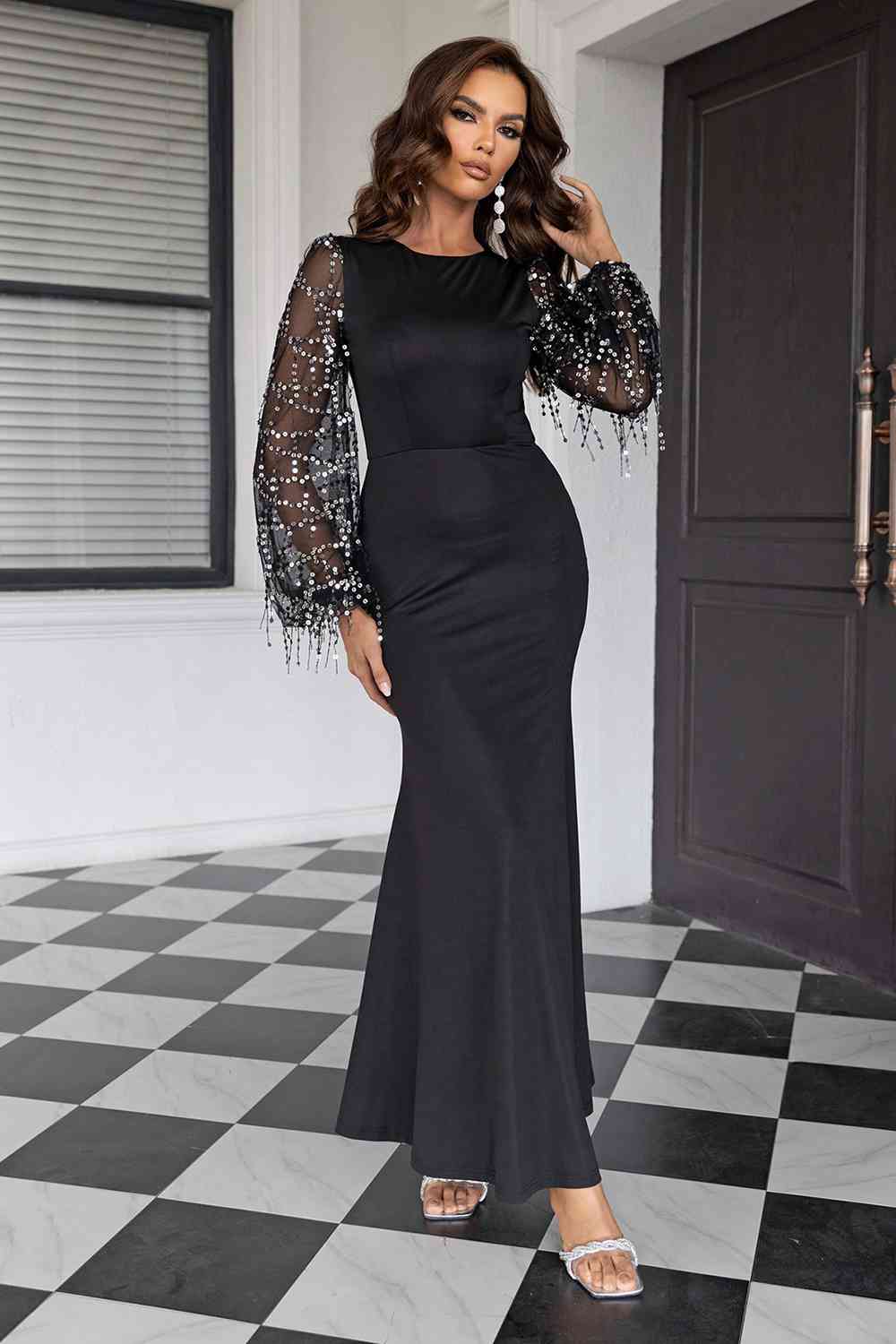 Sequin Round Neck Maxi Dress, Cuavan