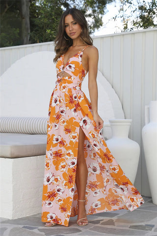 Floral High Slit Maxi Dress — Orange, Cuavan