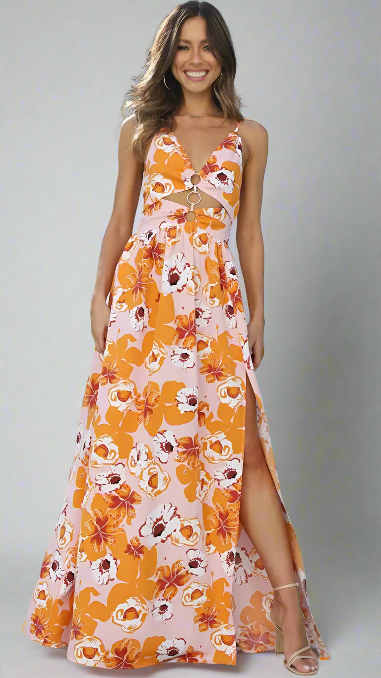 Floral High Slit Maxi Dress — Orange, Cuavan
