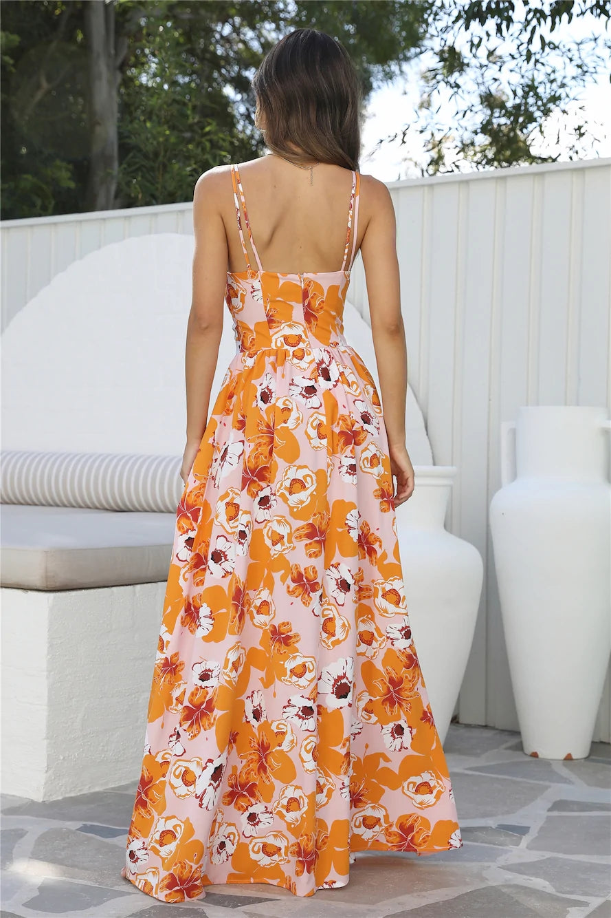 Floral High Slit Maxi Dress — Orange, Cuavan