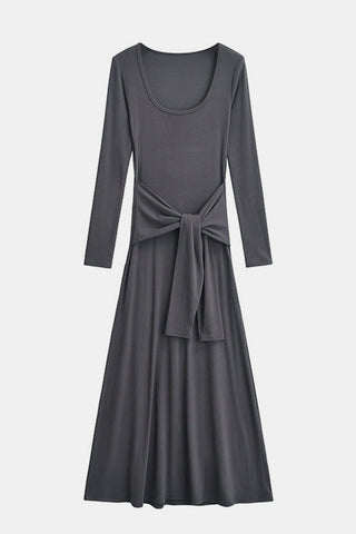 Tied Scoop Neck Long Sleeve Maxi Dress, Cuavan