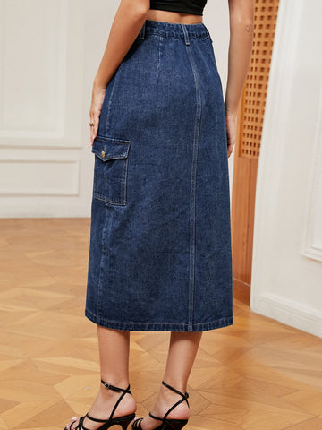Button-Down Midi Denim Skirt, Cuavan
