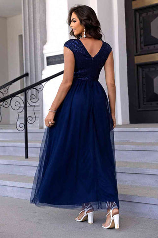 Sequin V-Neck Mesh Maxi Dress, Cuavan