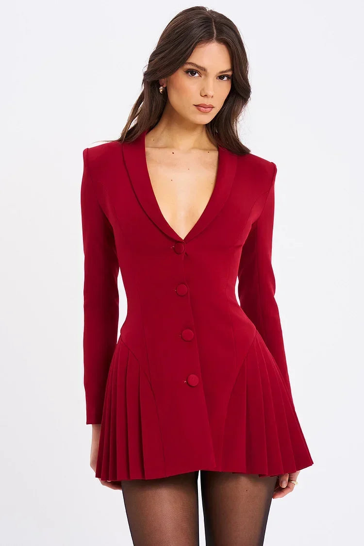Burgundy Deep-V Blazer Mini Dress, Cuavan