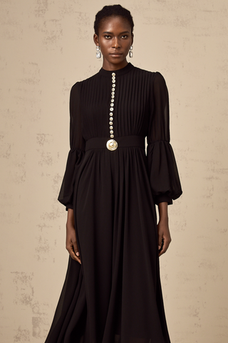 Viviane Pleated Button-Front Midi Dress — Black