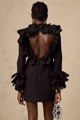 Priscille Ruffled Open-Back Mini Dress — Black
