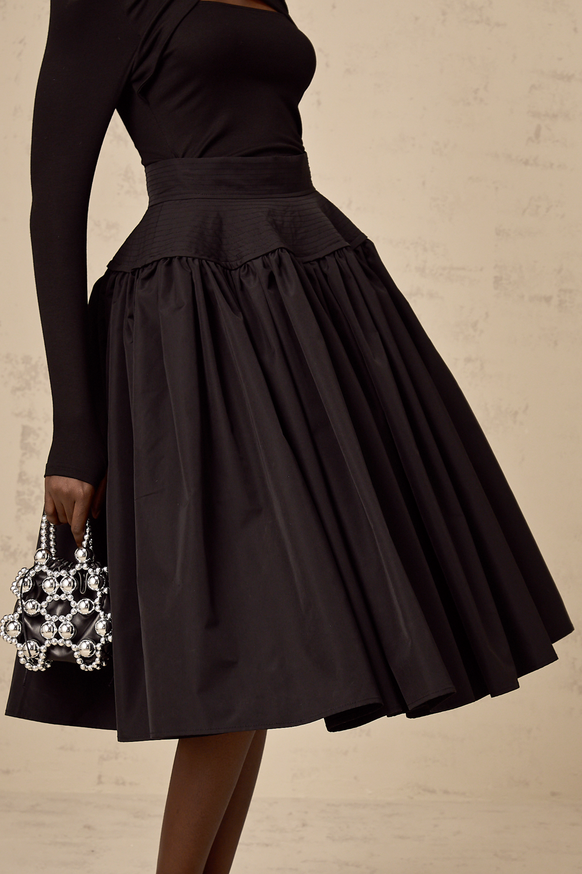 Pauline Pleated Flared Midi Skirt — Black