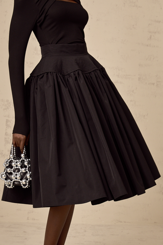 Pauline Pleated Flared Midi Skirt — Black