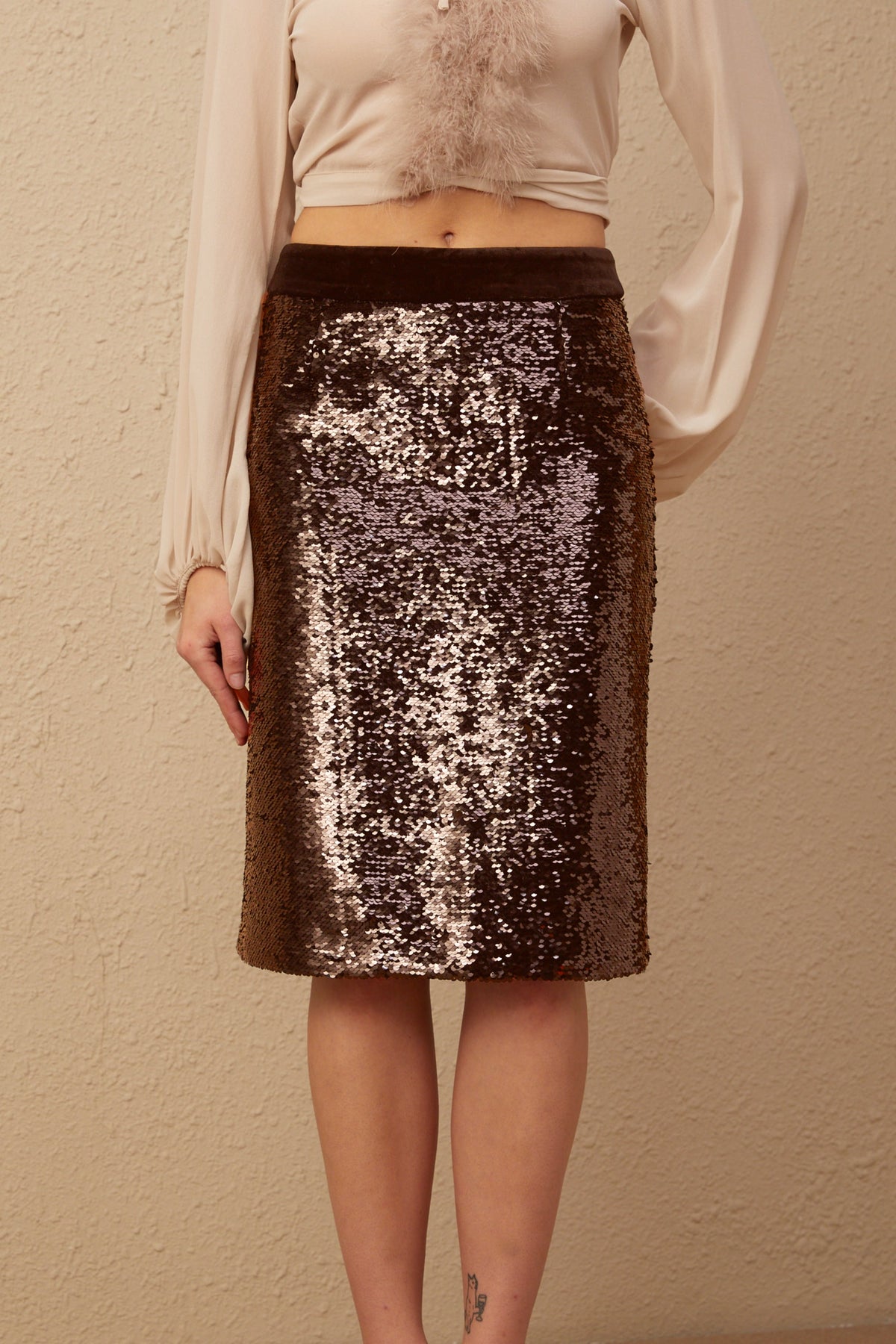 Marcellina Sequin Midi Skirt — Brown