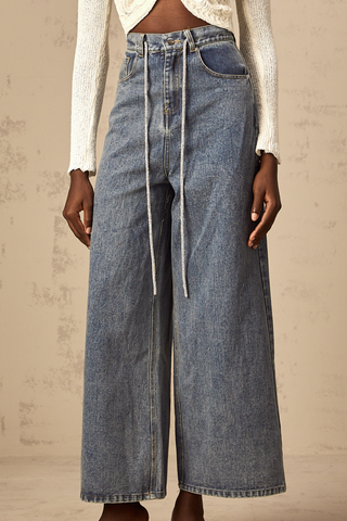 Drawstring Denim Pants — Light Blue