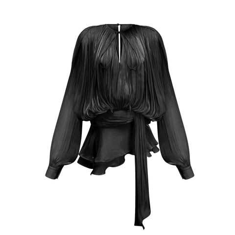 Eugénie Pleated Ruffle Mini Dress — Black