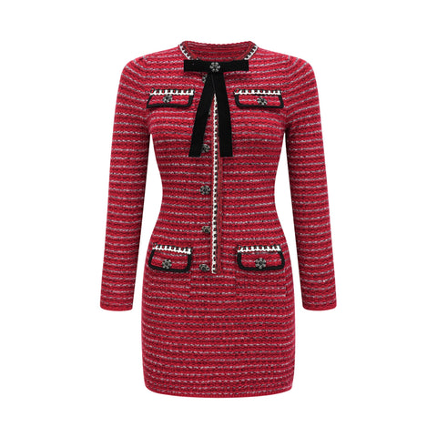 Faustine Bow-Detail Mini Dress — Red & Multicolor