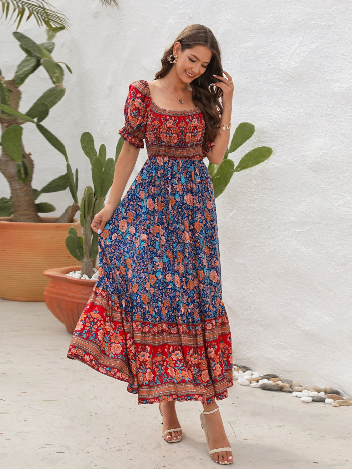 Floral Flounce Sleeve Midi Dress, Cuavan