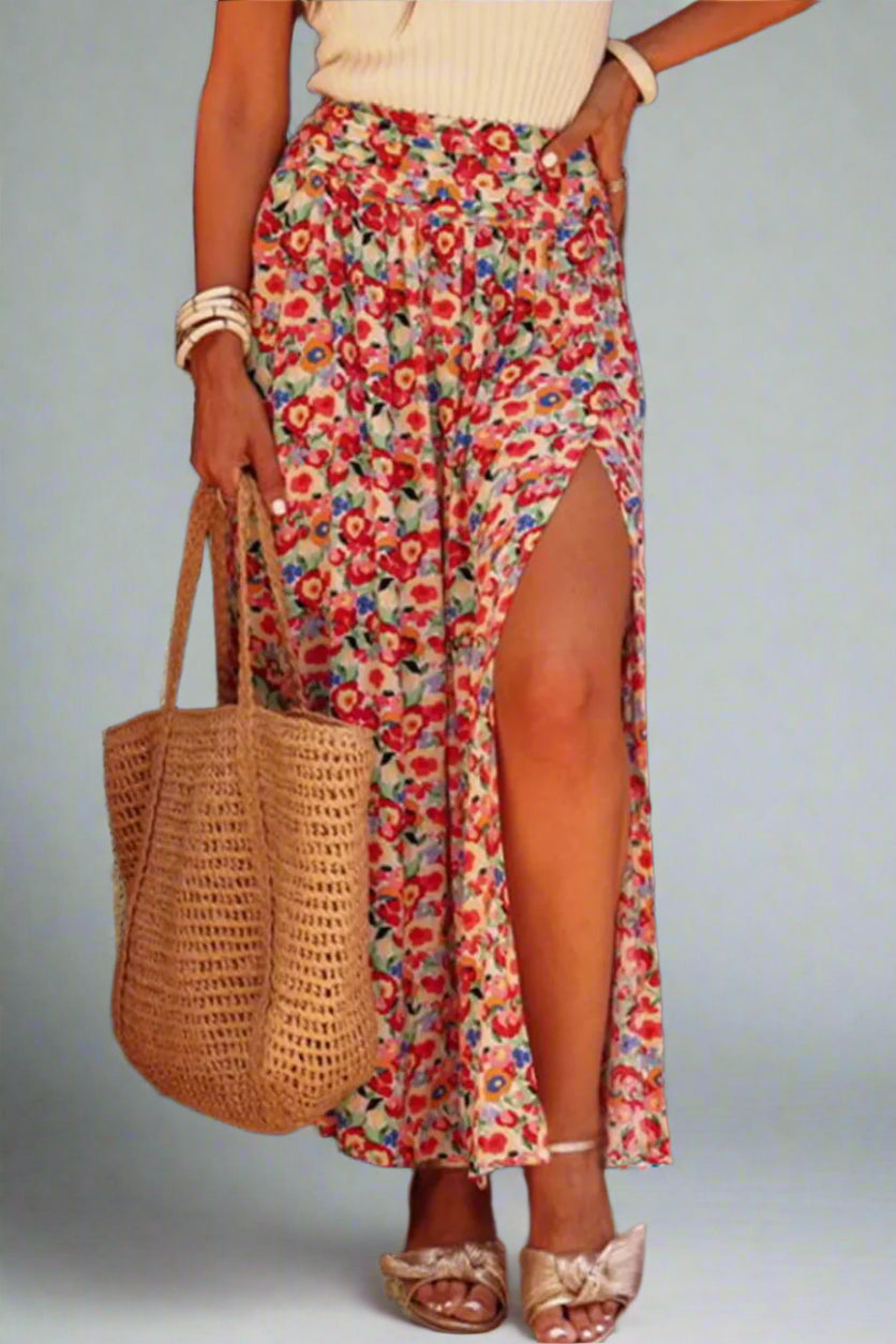 Slit Floral Midi Skirt, Cuavan
