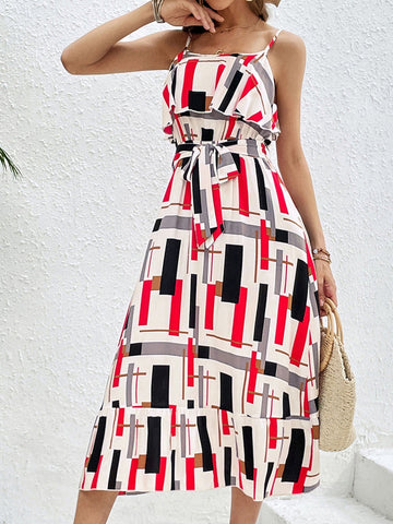 Ruffled Tie-Waist Printed Midi Dress, Cuavan