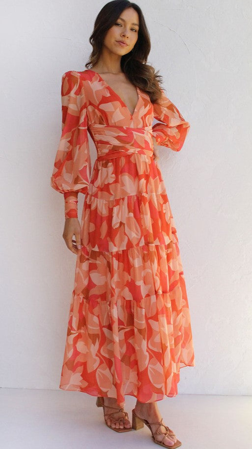 Floral Long Sleeve Midi Dress — Orange, Cuavan