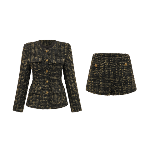 Claudine Metallic Tweed Jacket and Shorts Set — Black & Gold