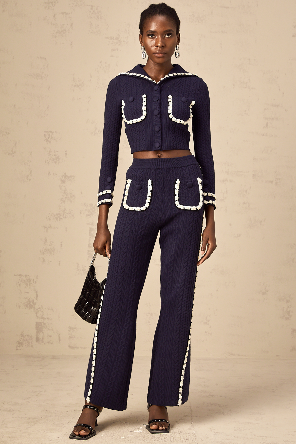 Elvira Crochet Knit Cardigan and Trousers Set — Navy & White