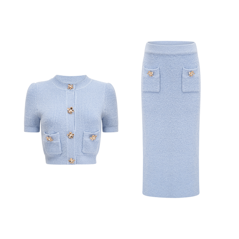 Chantal Knit Blouse and Skirt Set — Blue