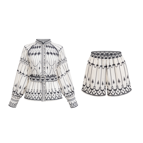 Allie Graphic Print Shirt and Shorts Set — White & Black