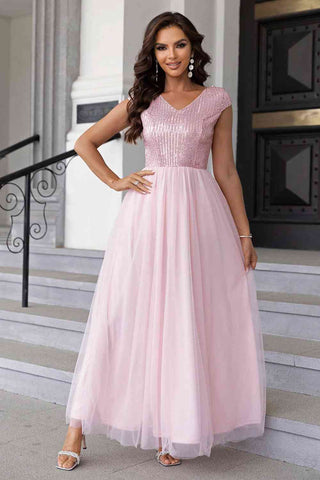 Sequin V-Neck Mesh Maxi Dress, Cuavan