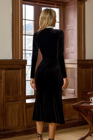 Christina Pearl-Embellished Long-Sleeve Maxi Dress — Black