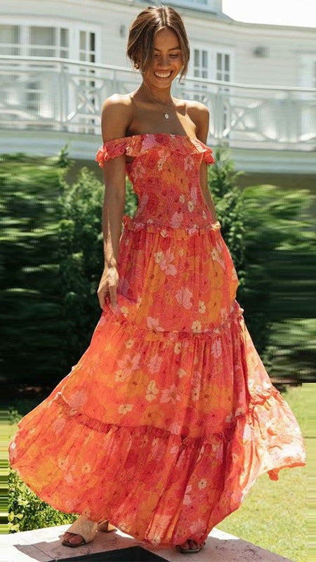Off-Shoulder Ruffle Dress — Orange Floral, Cuavan