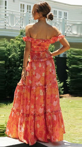 Off-Shoulder Ruffle Dress — Orange Floral, Cuavan