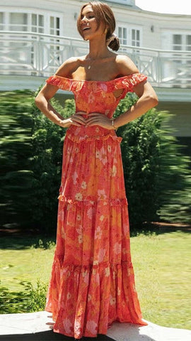 Off-Shoulder Ruffle Dress — Orange Floral, Cuavan
