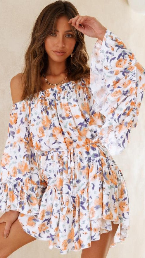 Off-Shoulder Rose Print Romper — Orange, Cuavan