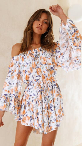 Off-Shoulder Rose Print Romper — Orange, Cuavan