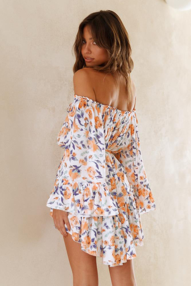 Off-Shoulder Rose Print Romper — Orange, Cuavan
