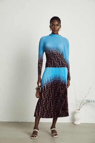 Désirée Color-Block Pleated Top and Skirt Set — Blue & Brown