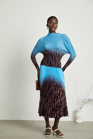 Désirée Color-Block Pleated Top and Skirt Set — Blue & Brown