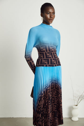 Désirée Color-Block Pleated Top and Skirt Set — Blue & Brown